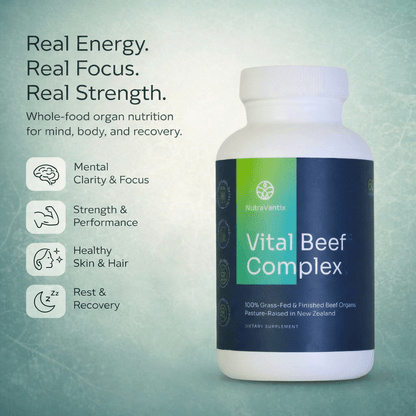Vital Beef Complex bottle highlighting grass-fed beef organ formula benefits