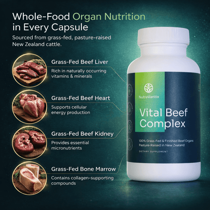 Freeze-dried grass-fed beef liver, heart, kidney and bone marrow supplement