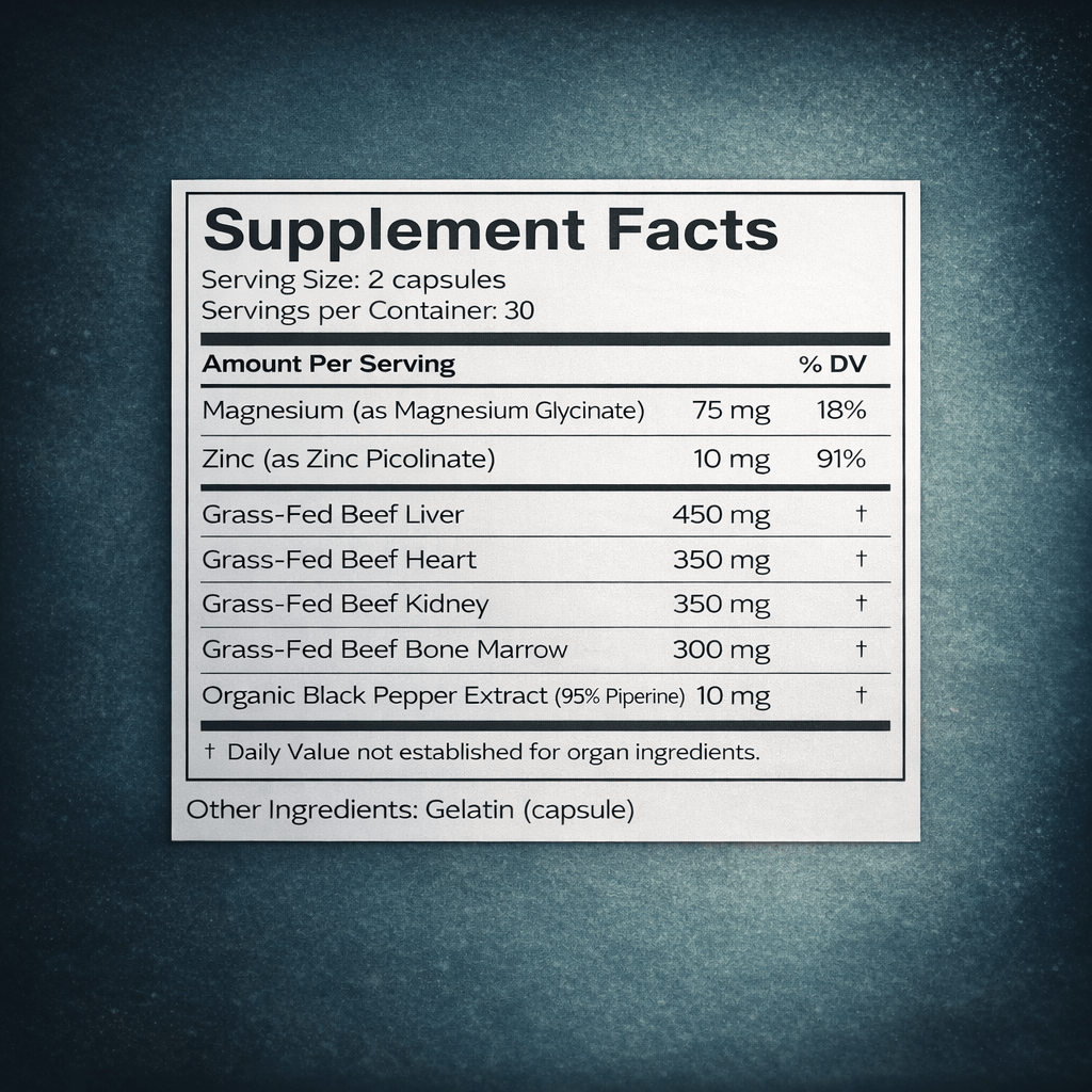 Vital Beef Complex supplement facts label with ingredient amounts
