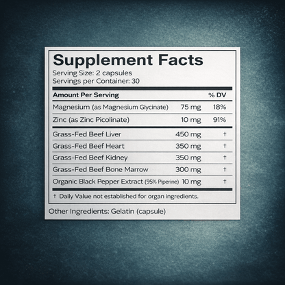 Vital Beef Complex supplement facts label with ingredient amounts