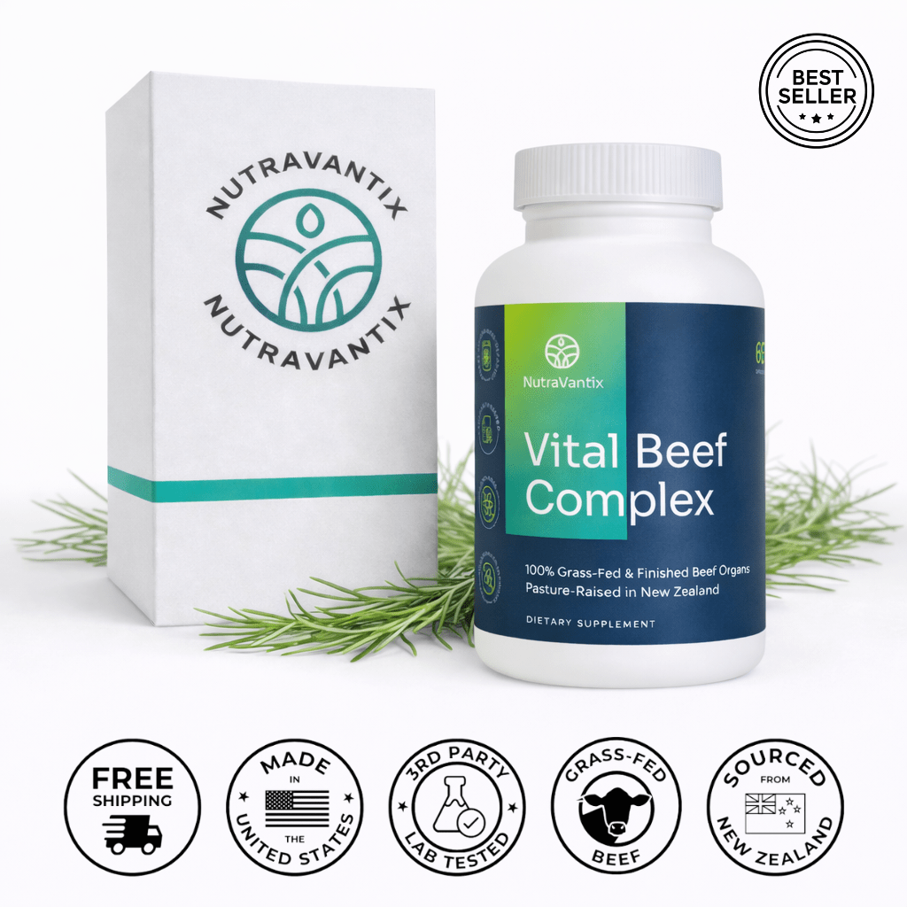 Vital Beef Complex grass-fed beef organ supplement bottle and packaging